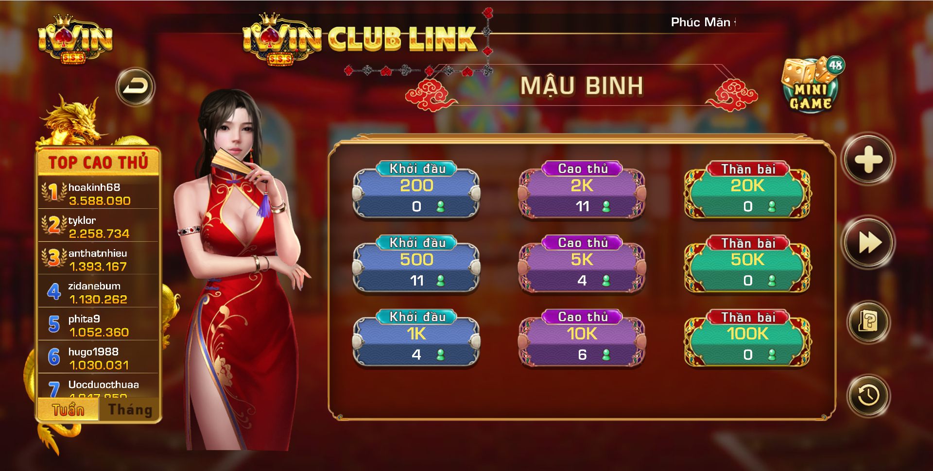 các phòng chơi game mậu binh iwin club