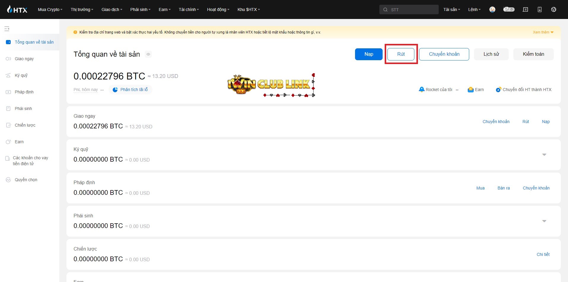 Chọn rút tại giao diện tài sản trên HTX
