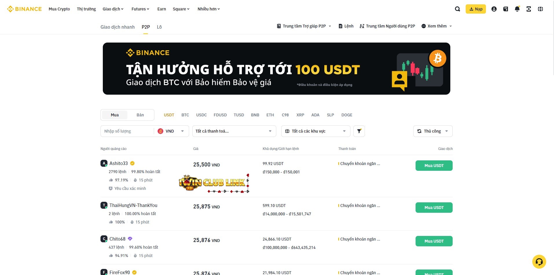 Chọn người bán USDT trên màn hình giao diện P2P